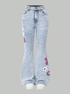 SHEIN ChillGRL بنطلون جينز أزرق مبهت مشوه مع تطريز ثلاثي الأبعاد وتطريز مطبق أسود، بنطلون جينز ضيق مطاطي مناسب لجميع المواسم