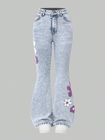 SHEIN ChillGRL بنطلون جينز أزرق مبهت مشوه مع تطريز ثلاثي الأبعاد وتطريز مطبق أسود، بنطلون جينز ضيق مطاطي مناسب لجميع المواسم