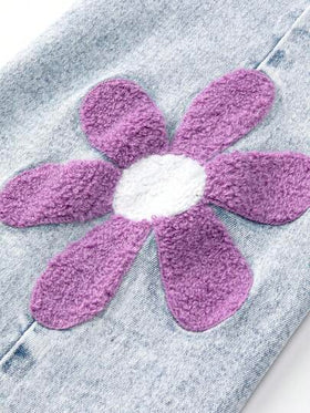 SHEIN ChillGRL بنطلون جينز أزرق مبهت مشوه مع تطريز ثلاثي الأبعاد وتطريز مطبق أسود، بنطلون جينز ضيق مطاطي مناسب لجميع المواسم