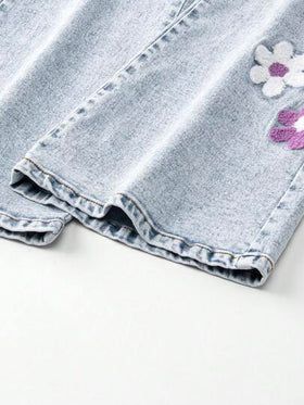 SHEIN ChillGRL بنطلون جينز أزرق مبهت مشوه مع تطريز ثلاثي الأبعاد وتطريز مطبق أسود، بنطلون جينز ضيق مطاطي مناسب لجميع المواسم