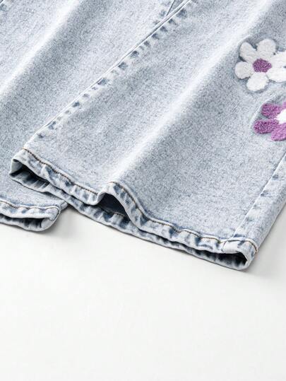 SHEIN ChillGRL بنطلون جينز أزرق مبهت مشوه مع تطريز ثلاثي الأبعاد وتطريز مطبق أسود، بنطلون جينز ضيق مطاطي مناسب لجميع المواسم