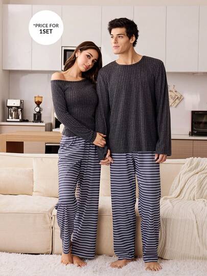 CoupledUp طقم ملابس منزلية طويلة الأكمام مخطط للرجال، ملابس شتوية