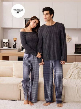 CoupledUp طقم ملابس منزلية طويلة الأكمام مخطط للرجال، ملابس شتوية