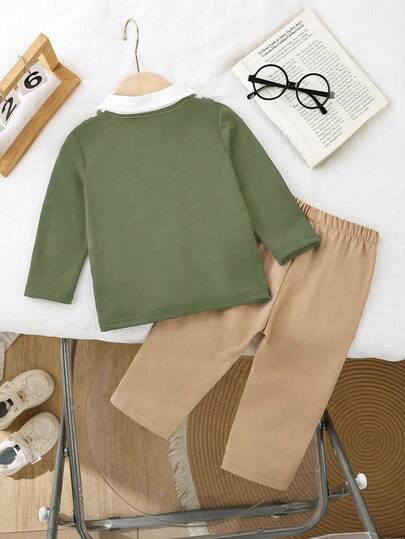 SHEIN Playful Pals طقم طفل ولد، ملابس علوية بولو طويلة الأكمام مريحة مصنوعة من الأكريليك 2 في 1 مع بنطال خصر مطاطي كاجوال، تصميم فريد مناسب للخريف كالعطلات والاستخدام اليومي وما شابه