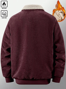 Manfinity Homme معطف فليس متعدد الجيوب للرجال في فصلي الخريف والشتاء، معطف كاجوال بياقة من الكوردروي بنمط صديق الفتى باللون الخاكي، ملابس خارجية عصرية مبطنة بالحرارة للشباب