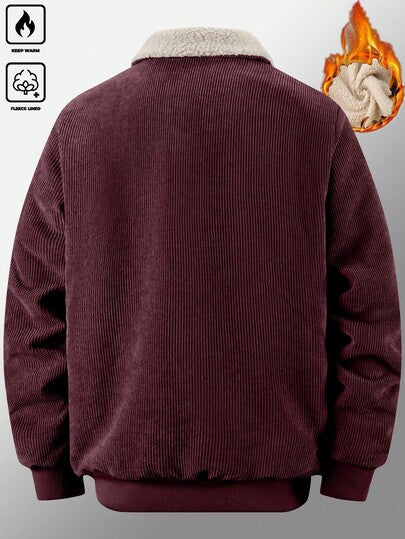 Manfinity Homme معطف فليس متعدد الجيوب للرجال في فصلي الخريف والشتاء، معطف كاجوال بياقة من الكوردروي بنمط صديق الفتى باللون الخاكي، ملابس خارجية عصرية مبطنة بالحرارة للشباب