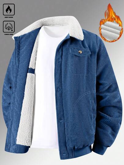 Manfinity Homme معطف رجالي مبطن حراريًا متعدد الجيوب للخريف/الشتاء، معطف كاجوال بياقة من الكوردروي بنمط صديق المقاس، ملابس خارجية دافئة وأنيقة، معطف أزرق ذو طراز قديم، معطف مبطن حراريًا للرجال، قميص-معطف رجالي من الكوردروي، هدية للصديق/الزوج، هدية عيد ميل