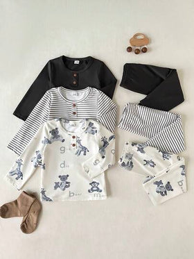 SHEIN 6 قطع طقم للأطفال الصبيان، ملابس علوية بأكمام طويلة بأزرار أمامية وزخرفة محبوكة، وبنطلون بخصر مطاطي، ناعم ومريح للارتداء اليومي في فصلي الخريف والشتاء