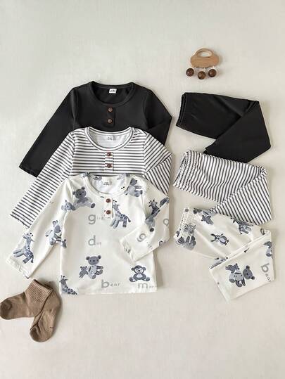 SHEIN 6 قطع طقم للأطفال الصبيان، ملابس علوية بأكمام طويلة بأزرار أمامية وزخرفة محبوكة، وبنطلون بخصر مطاطي، ناعم ومريح للارتداء اليومي في فصلي الخريف والشتاء