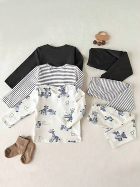 SHEIN 6 قطع طقم للأطفال الصبيان، ملابس علوية بأكمام طويلة بأزرار أمامية وزخرفة محبوكة، وبنطلون بخصر مطاطي، ناعم ومريح للارتداء اليومي في فصلي الخريف والشتاء