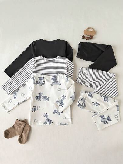 SHEIN 6 قطع طقم للأطفال الصبيان، ملابس علوية بأكمام طويلة بأزرار أمامية وزخرفة محبوكة، وبنطلون بخصر مطاطي، ناعم ومريح للارتداء اليومي في فصلي الخريف والشتاء