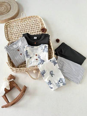 SHEIN 6 قطع طقم للأطفال الصبيان، ملابس علوية بأكمام طويلة بأزرار أمامية وزخرفة محبوكة، وبنطلون بخصر مطاطي، ناعم ومريح للارتداء اليومي في فصلي الخريف والشتاء