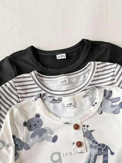 SHEIN 6 قطع طقم للأطفال الصبيان، ملابس علوية بأكمام طويلة بأزرار أمامية وزخرفة محبوكة، وبنطلون بخصر مطاطي، ناعم ومريح للارتداء اليومي في فصلي الخريف والشتاء