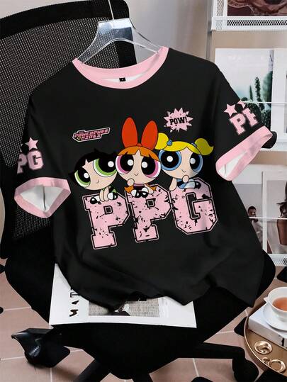 THE POWERPUFF GIRLS X SHEIN قميص قصير الأكمام كاجوال للنساء بطبعات زهور وفقاعات وأزهار الزنبق، صيفي