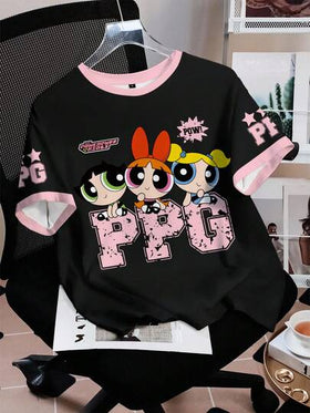 THE POWERPUFF GIRLS X SHEIN قميص قصير الأكمام كاجوال للنساء بطبعات زهور وفقاعات وأزهار الزنبق، صيفي