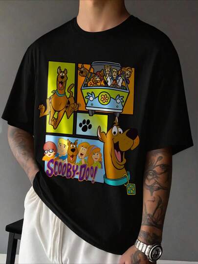 SCOOBY-DOO X SHEIN قميص تي شيرت كاجوال للرجال بطبعة كلب كرتوني وياقة مستديرة وأكمام قصيرة، صيفي