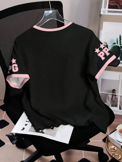 THE POWERPUFF GIRLS X SHEIN قميص قصير الأكمام كاجوال للنساء بطبعات زهور وفقاعات وأزهار الزنبق، صيفي