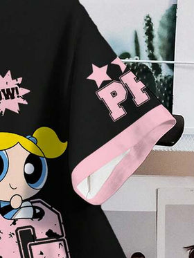 THE POWERPUFF GIRLS X SHEIN قميص قصير الأكمام كاجوال للنساء بطبعات زهور وفقاعات وأزهار الزنبق، صيفي