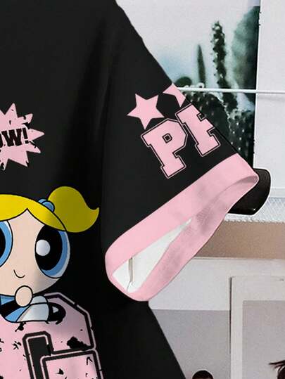 THE POWERPUFF GIRLS X SHEIN قميص قصير الأكمام كاجوال للنساء بطبعات زهور وفقاعات وأزهار الزنبق، صيفي