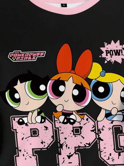 THE POWERPUFF GIRLS X SHEIN قميص قصير الأكمام كاجوال للنساء بطبعات زهور وفقاعات وأزهار الزنبق، صيفي