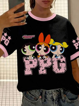 THE POWERPUFF GIRLS X SHEIN قميص قصير الأكمام كاجوال للنساء بطبعات زهور وفقاعات وأزهار الزنبق، صيفي