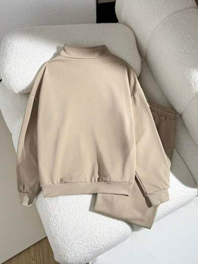 SHEIN مجموعة ملابس كاجوال للفتيات المراهقات، بلوزة بياقة مزيفة وسحاب طويلة الأكمام مع بناطيل رياضية واسعة الساق، بدلة رياضية للارتداء اليومي والتمارين الرياضية