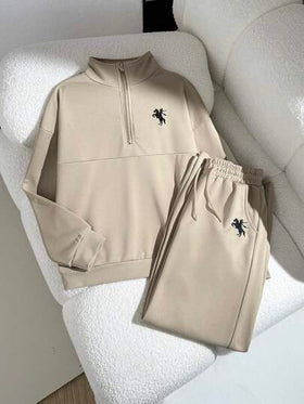 SHEIN مجموعة ملابس كاجوال للفتيات المراهقات، بلوزة بياقة مزيفة وسحاب طويلة الأكمام مع بناطيل رياضية واسعة الساق، بدلة رياضية للارتداء اليومي والتمارين الرياضية