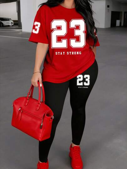 SHEIN طقم تي شيرت وسروال ضيق للنساء بتصميم كاجوال وأنيق، بطبعة رقم 23 بلون أبيض، قصة مريحة وعصرية، متناسق للارتداء في جميع المناسبات والمواسم