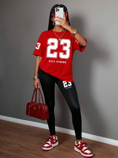 SHEIN طقم تي شيرت وسروال ضيق للنساء بتصميم كاجوال وأنيق، بطبعة رقم 23 بلون أبيض، قصة مريحة وعصرية، متناسق للارتداء في جميع المناسبات والمواسم