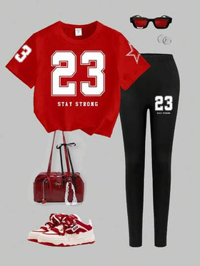 SHEIN طقم تي شيرت وسروال ضيق للنساء بتصميم كاجوال وأنيق، بطبعة رقم 23 بلون أبيض، قصة مريحة وعصرية، متناسق للارتداء في جميع المناسبات والمواسم