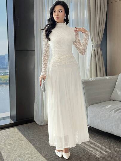 Modelyn فستان أنيق بياقة مندرين وتباين الدانتيل والخصر مطوي