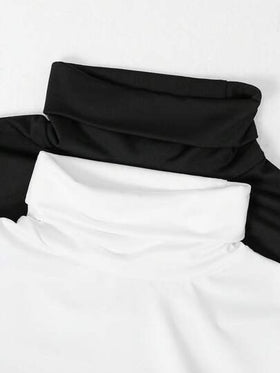 SHEIN مجموعة من 2 قطعة من البلوزات الحرارية ذات الياقة العالية المريحة والمناسبة للشباب، بأكمام طويلة، باللونين الأبيض والأسود، مناسبة لمناسبات عيد الميلاد والشكر والشتاء