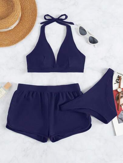 SHEIN Swim مجموعة بيكيني 3 قطع من لون واحد بفتحة رقبة على شكل حرف V وقطع سفلية مثلثة وسروال داخلي، موسم الربيع/الصيف 2026