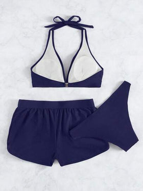 SHEIN Swim مجموعة بيكيني 3 قطع من لون واحد بفتحة رقبة على شكل حرف V وقطع سفلية مثلثة وسروال داخلي، موسم الربيع/الصيف 2026