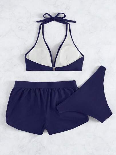 SHEIN Swim مجموعة بيكيني 3 قطع من لون واحد بفتحة رقبة على شكل حرف V وقطع سفلية مثلثة وسروال داخلي، موسم الربيع/الصيف 2026