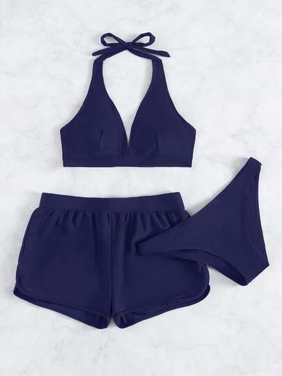 SHEIN Swim مجموعة بيكيني 3 قطع من لون واحد بفتحة رقبة على شكل حرف V وقطع سفلية مثلثة وسروال داخلي، موسم الربيع/الصيف 2026