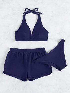 SHEIN Swim مجموعة بيكيني 3 قطع من لون واحد بفتحة رقبة على شكل حرف V وقطع سفلية مثلثة وسروال داخلي، موسم الربيع/الصيف 2026
