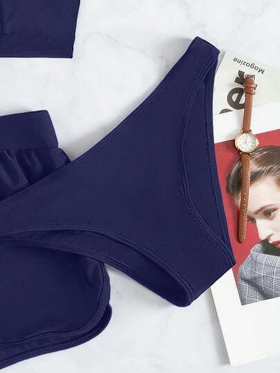 SHEIN Swim مجموعة بيكيني 3 قطع من لون واحد بفتحة رقبة على شكل حرف V وقطع سفلية مثلثة وسروال داخلي، موسم الربيع/الصيف 2026