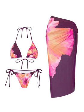 Swim Oasis 3 قطع ملابس صيفية عادية للنساء للشاطئ والعطلات، طقم بكيني مطبوع بالأزهار وفستان شاطئ بربطة أمامية من الشبك، ملابس سباحة بطراز بوهيمي