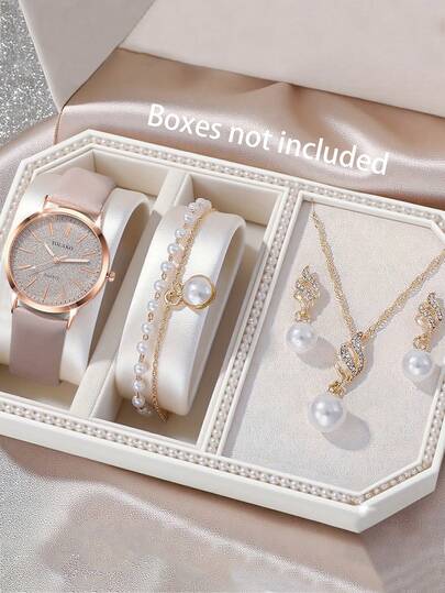 5 قطع/مجموعة ساعة نسائية بعقارب من الصلب بشكل دائري، ساعة قرص ماسي دائري متعددة الاستخدامات، يمكن تنسيقها مع أساور وقلائد وأقراط وخواتم وغيرها من المجوهرات لتشكيل طقم مجوهرات، مناسبة للارتداء اليومي والمناسبات الرسمية وغيرها، ويمكن استخدامها أيضًا لديكورا