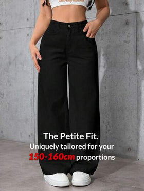 SHEIN PETITE بنطلون جينز أساسي بأزرار أمامية وجيب، لارتداء اليومي للنساء