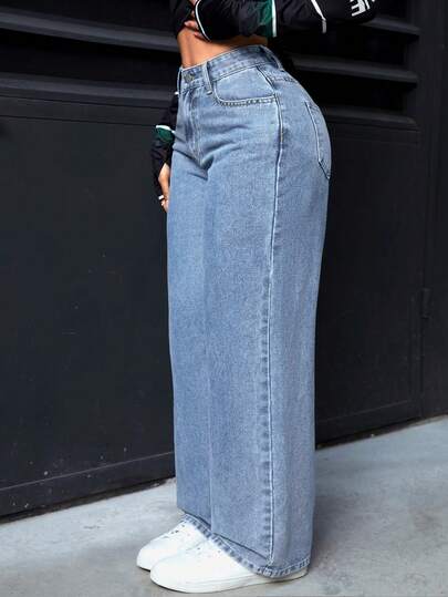 SHEIN PETITE جينز كاجوال بجيوب مع أزرار للنساء، للارتداء اليومي