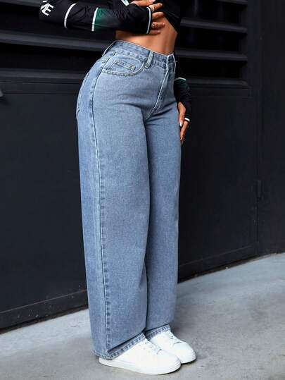 SHEIN PETITE جينز كاجوال بجيوب مع أزرار للنساء، للارتداء اليومي