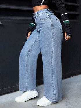 SHEIN PETITE جينز كاجوال بجيوب مع أزرار للنساء، للارتداء اليومي