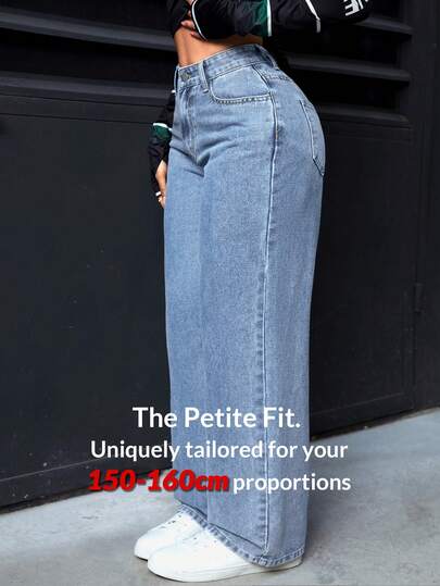 SHEIN PETITE جينز كاجوال بجيوب مع أزرار للنساء، للارتداء اليومي
