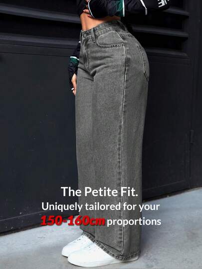 SHEIN PETITE سراويل جينز نسائية ذات لون أحادي مبطنة بالحرارة ذات قصة مستقيمة للاستخدام اليومي، مبطنة للشتاء والأعياد مثل والكريسماس