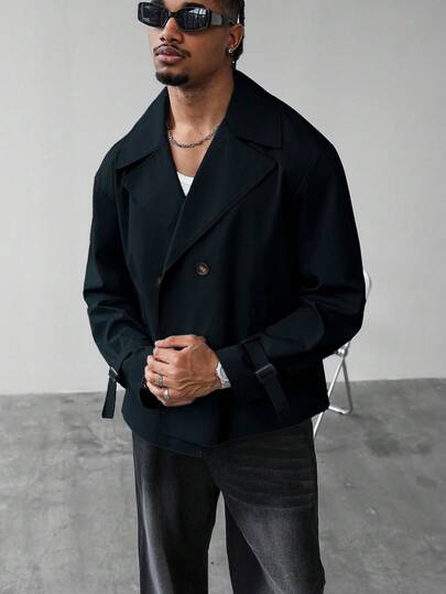 Manfinity Homme معطف كاجوال للرجال للارتداء اليومي والتنقل، بتصميم بسيط ذو لون أحادي، ياقة صدر مزدوجة الصدر، موسم الخريف