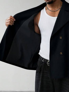 Manfinity Homme معطف كاجوال للرجال للارتداء اليومي والتنقل، بتصميم بسيط ذو لون أحادي، ياقة صدر مزدوجة الصدر، موسم الخريف