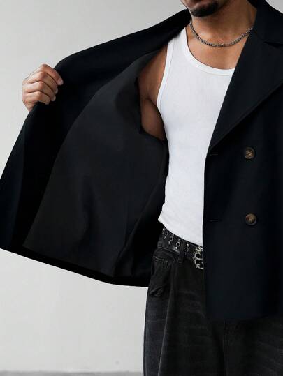 Manfinity Homme معطف كاجوال للرجال للارتداء اليومي والتنقل، بتصميم بسيط ذو لون أحادي، ياقة صدر مزدوجة الصدر، موسم الخريف