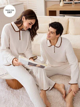 CoupledUp بيجامة رجالية مريحة كاجوال بياقة منحرفة وأكمام طويلة 3 أزرار، خريف/شتاء